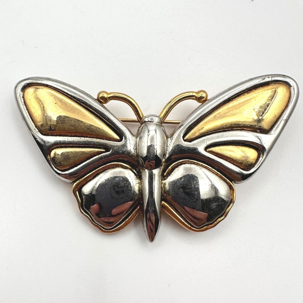 Vintage 80s Lz Claiborne Two-Tone Gold Silver Butterfly Brooch Pin Retro Jewelry